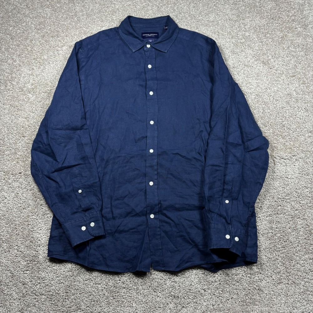 Charles Tyrwhitt Mens Large Classic Fit 100% Linen Button Front Shirt Navy Blue